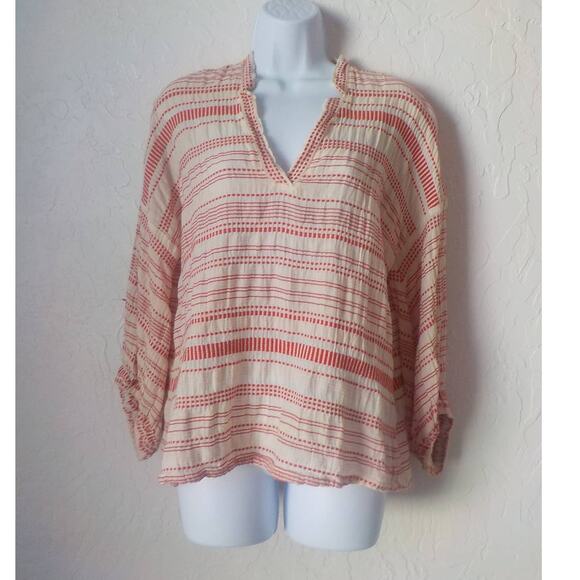 Lou Grey Loft Women Small Tunic Blouse V-Neck Ivory Red Stripe Pullover Cotton - Picture 1 of 12